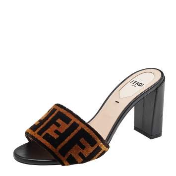 Pre Owned Fendi Brown FF Zucca Velvet Slide Sandals Size 35