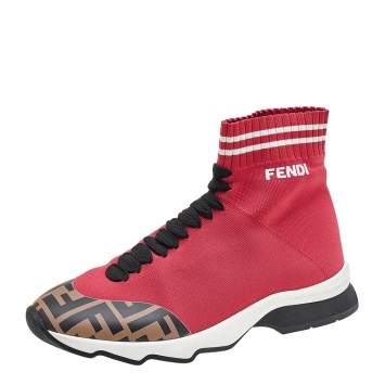 Pre Owned Fendi Red/Brown Knit Fabric And Zucca Synthetic Leather Sock High Top Sneakers Size 37