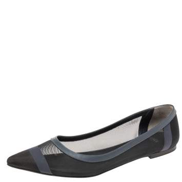 Pre Owned Fendi Black/Navy Blue Mesh Pointed Toe Ballet Flats Size 39.5