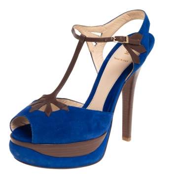 Pre Owned Fendi Blue Suede Platform Ankle Strap Sandals Size 40