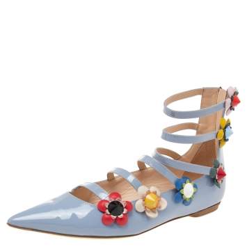 Pre Owned Fendi Sky Blue Patent Leather Flowerland Multistrap Flat Size 35