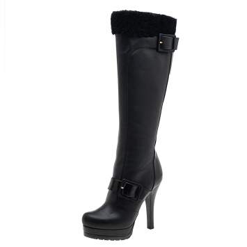 Pre Owned Fendi Black Leather And Fur Platform Knee Length Boots Size 36.5