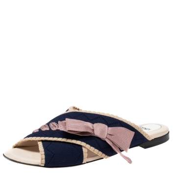 Pre Owned Fendi Navy Blue/ Pink Crisscross Knit and Fabric Bow Flat Slides Size 36