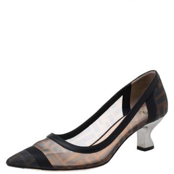 Pre Owned Fendi Brown/Black Zucca Mesh and Leather Trim Colibri Pointed-Toe Pumps Size 36.5