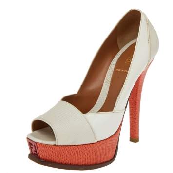 Pre Owned Fendi White/Orange Lizard Embossed Leather And Patent Leather Fendista Platform Pumps Size 36