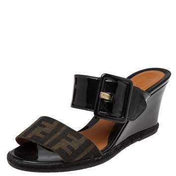 Pre Owned Fendi Brown/Black Zucca Canvas and Patent Leather Wedge Slide Sandals Size 39