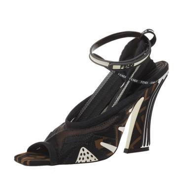 Pre Owned Fendi Multicolor Mesh And Canvas Ankle Wrap Sandals Size 38