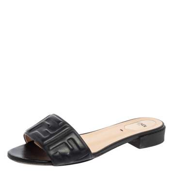 Pre Owned Fendi Black Leather FF Embossed Logo Flat Slides Size 39