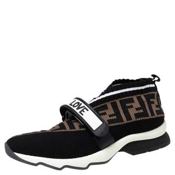 Pre Owned Fendi Black/Brown Zucca Print Knit Fabric and Mesh Rockoko Sneakers Size 38