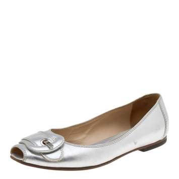 Pre Owned Fendi Metallic Silver Leather Buckle Peep Toe Ballet Flats Size 38.5