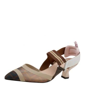 Pre Owned Fendi Brown/Beige Zucca Mesh And Leather Colibri Slingback Sandals Size 36