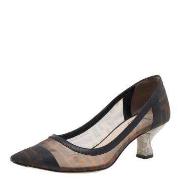 Pre Owned Fendi Brown/Black Zucca Mesh And Leather Colibri Pointed Toe Pumps Size 38