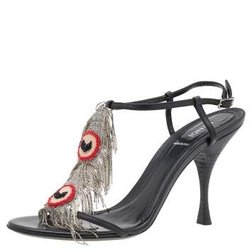 Pre Owned Fendi Black Leather Metal Peacock Feather T-Strap Sandals Size 39.5