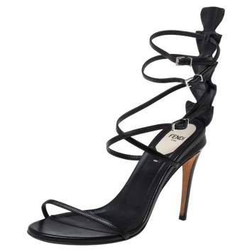 Pre Owned Fendi Black Leather Ankle-Wrap Sandals Size 38