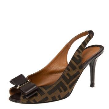 Pre Owned Fendi Brown Zucca Canvas Bow Peep Toe Slingback  Pumps Size 38