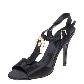 Pre Owned Fendi Black Satin Crystal Embellished Buckle T-Strap Sandals Size 37