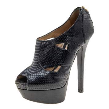 Pre Owned Fendi Navy Blue Python Embossed Leather Open Toe Platform Booties Size 36