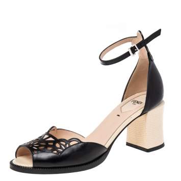 Pre Owned Fendi Black Cut Out Leather Block Heel Ankle Strap Sandals Size 38