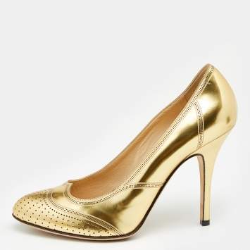 Pre Owned Fendi Metallic Gold Perforated Leather Round Toe Pumps Size 37
