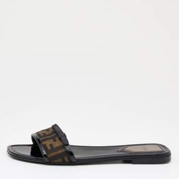 Pre Owned Fendi Brown/Black Zucca Canvas And Patent Leather Bow Flat Slides Size 39