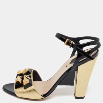Pre Owned Fendi Gold/Black Leather Studded Wedge Ankle Strap Sandals Size 38