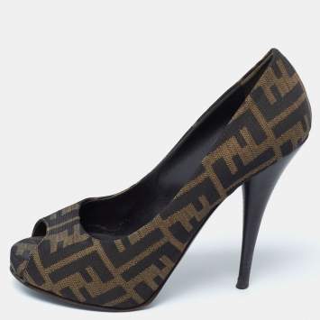 Pre Owned Fendi Brown Zucca Canvas Peep-Toe Pumps Size 37