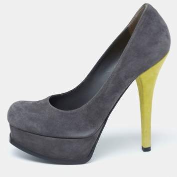 Pre Owned Fendi Grey/Yellow Suede Fendista Platform Pumps Size 39