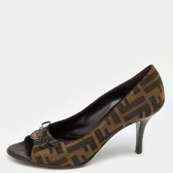 Pre Owned Fendi Brown Zucca Canvas Bow Peep Toe Pumps Size 36