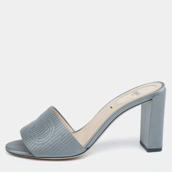 Pre Owned Fendi Slate Grey Satin Logo Embossed Slide Sandals Size 36.5