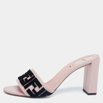 Pre Owned Fendi Pink/Black Leather And FF Velvet Slide Sandals Size 40