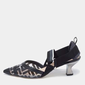 Pre Owned Fendi Black Leather and Zucca Print PVC Colibri Slingback Pumps Size 40