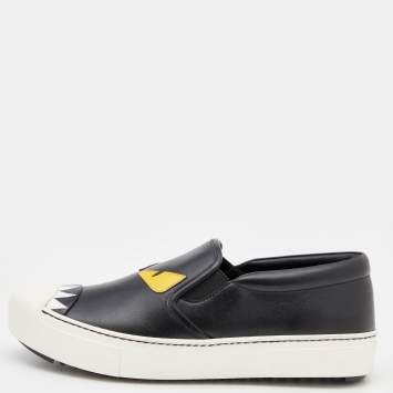 Pre Owned Fendi Black Leather Monster Slip On Sneakers Size 37