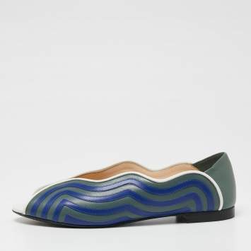 Pre Owned Fendi Blue/Green Leather Wave Peep-Toe Ballet Flats Size 40