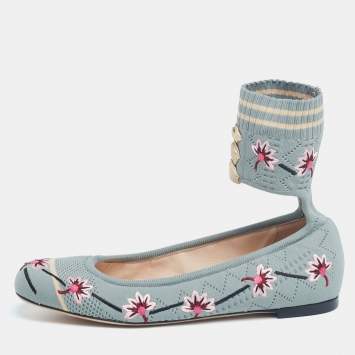 Pre Owned Fendi Light Teal Embroidered Knit Fabric Rockoko Ankle-Cuff Ballet Flats Size 37.5