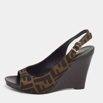 Pre Owned Fendi Brown Zucca Canvas Open-Toe Wedge Slingback Sandals Size 37.5