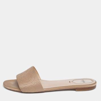 Pre Owned Fendi Gold Satin Logo Embroidered Flat  Sandals Size 40