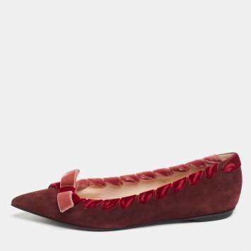 Pre Owned Fendi Burgundy Suede and Velvet Ribbon Stitch and Bow Detail Pointed Toe Ballet Flats Size 37