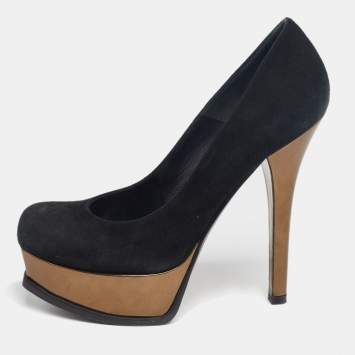 Pre Owned Fendi Black/Bronze Suede And Leather Fendista Platform Pumps Size 37