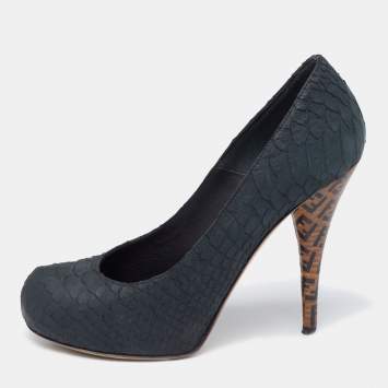 Pre Owned Fendi Dark Green Python Superstar Platform Pumps Size 37.5