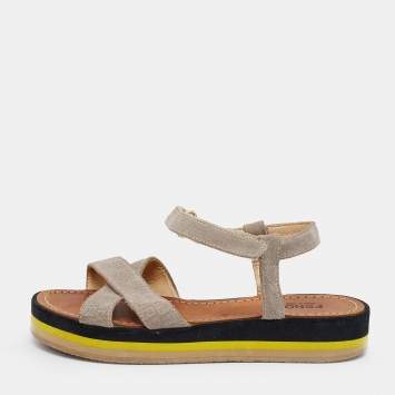 Pre Owned Fendi Grey Embossed FF Suede Criss Cross Flat Sandals Size 36