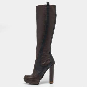 Pre Owned Fendi Brown/Black  Leather Knee Length Boots Size 36