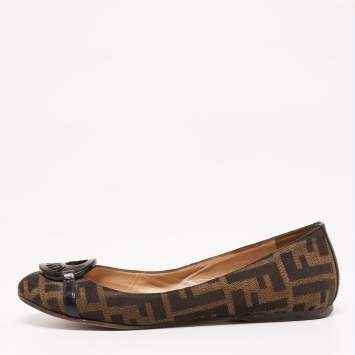 Pre Owned Fendi Brown Zucca Canvas Logo Bow Ballet Flats Size 36