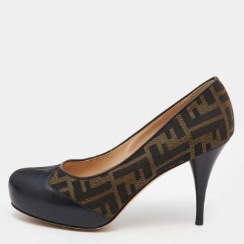 Pre Owned Fendi Black/Tobacco Zucca Canvas and Leather Platform Pumps Size 38.5