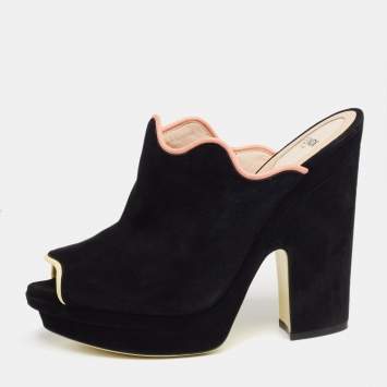 Pre Owned Fendi Black Suede Wave Platform Mules Size 40