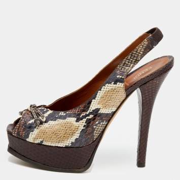 Pre Owned Fendi Multicolor Python Fendista Peep Toe Platform Slingback Pumps Size 41