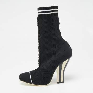 مملوكة مسبقًا Fendi Black/White  Knit Fabric Rockoko Runway Openwork Ankle Boots Size 36.5
