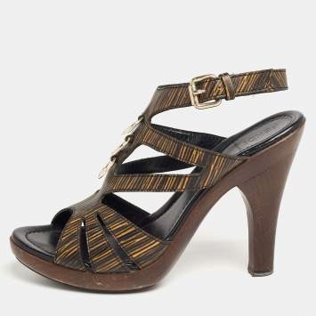 Pre Owned Fendi Green/Black Leather Buckle Ankle Strap  Sandals Size 39
