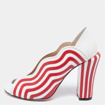 Pre Owned Fendi White/Red Striped Leather Peep-Toe Pumps Size 39.5