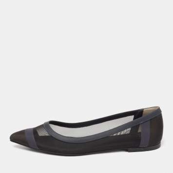 Pre Owned Fendi Navy Blue/Black Mesh And Leather Colibri Ballet Flats Size 38.5