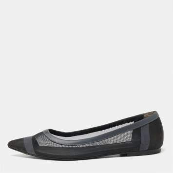 Pre Owned Fendi Blue/Black Mesh And Leather Colibri Ballet Flats Size 38.5